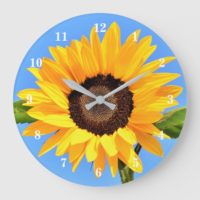 Yellow Sunflower Against Sun on Blue Sky - Summer  Large Clock (Front)