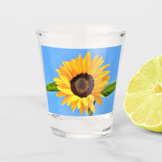 Yellow Sunflower Against Sun on Blue Sky - Summer  Shot Glass (Front)