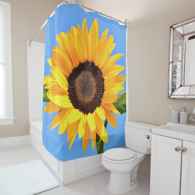 Yellow Sunflower Against Sun on Blue Sky - Summer  Shower Curtain (In Situ)