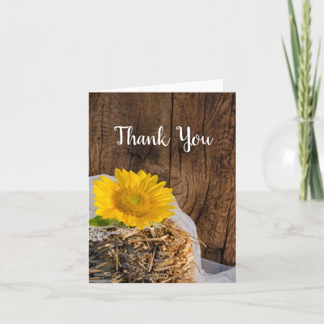 Yellow Sunflower and Barn Wood Wedding Thank You Card (Front)