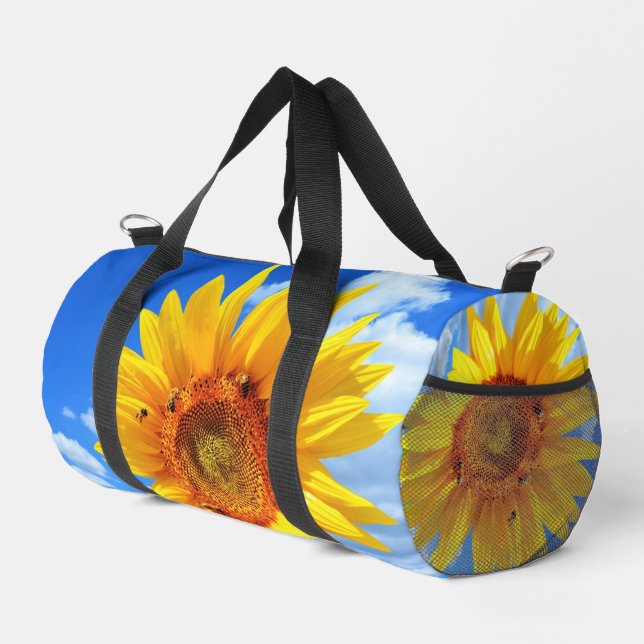 Yellow Sunflower and Bees Blue Sky Duffle Bag (Right Corner)