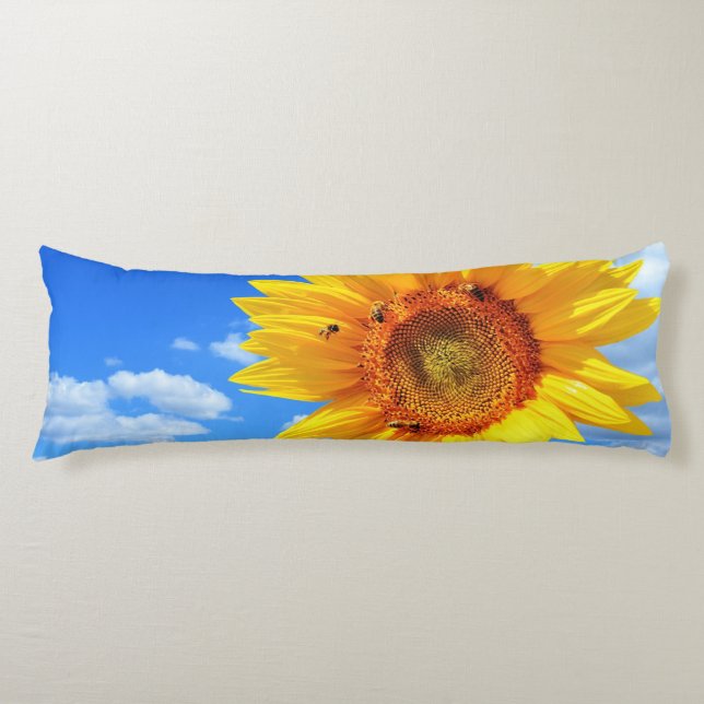 Yellow Sunflower and Bees on Blue Sky Body Pillow (Front)