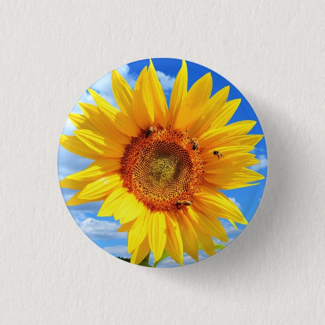 Yellow Sunflower and Bees on Blue Sky Button (Front)