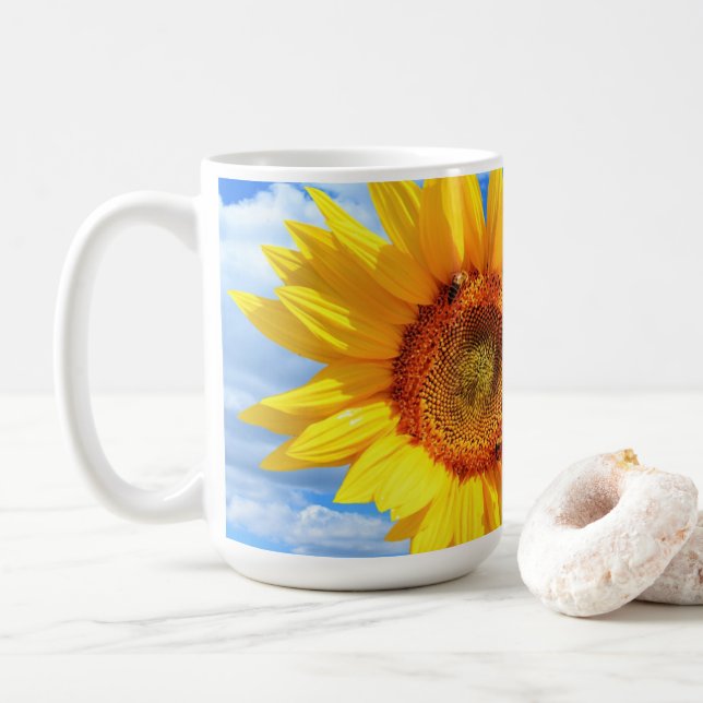 Yellow Sunflower and Bees on Blue Sky Coffee Mug (With Donut)