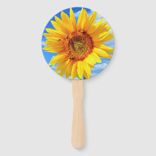 Yellow Sunflower and Bees on Blue Sky Hand Fan