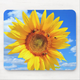 Yellow Sunflower and Bees on Blue Sky Mouse Pad
