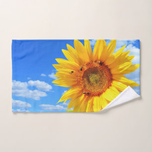 Yellow Sunflower and Bees on Blue Sky - Summer Day Bath Towel Set