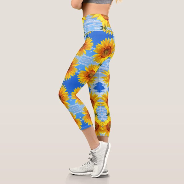 Yellow Sunflower and Bees on Blue Sky - Summer Day Capri Leggings (Left)