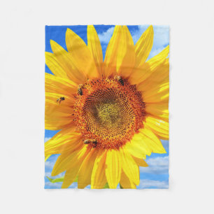 Yellow Sunflower and Bees on Blue Sky - Summer Day Fleece Blanket