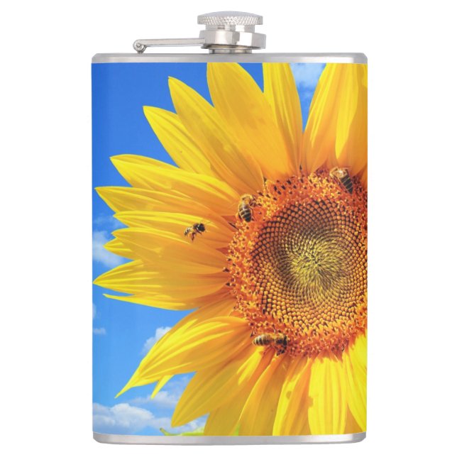 Yellow Sunflower and Bees on Blue Sky - Summer Day Hip Flask (Front)