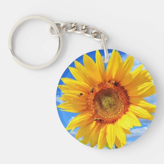 Yellow Sunflower and Bees on Blue Sky - Summer Day Key Ring (Front)