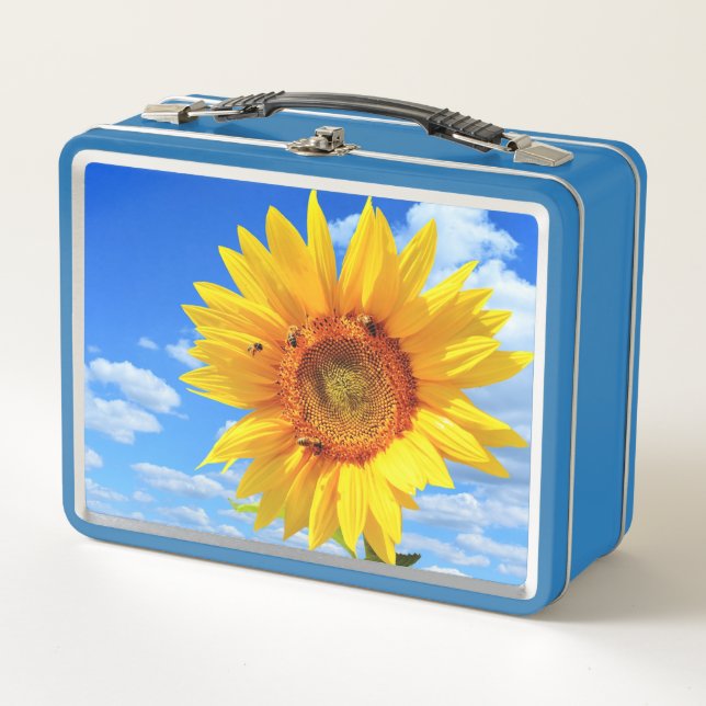 Yellow Sunflower and Bees on Blue Sky - Summer Day Metal Lunch Box (Front)