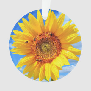 Yellow Sunflower and Bees on Blue Sky - Summer Day Ornament