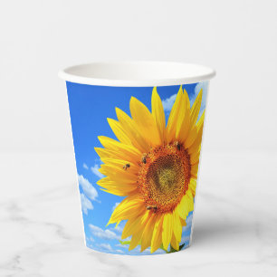 Yellow Sunflower and Bees on Blue Sky - Summer Day Paper Cups