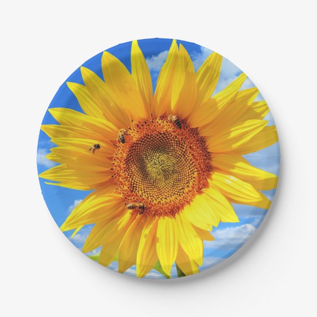Yellow Sunflower and Bees on Blue Sky - Summer Day Paper Plate (Front)