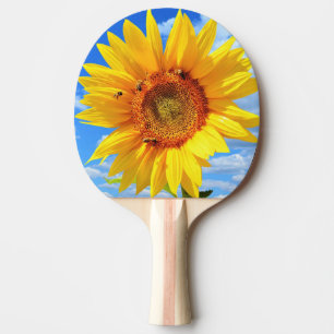 Yellow Sunflower and Bees on Blue Sky - Summer Day Ping Pong Paddle