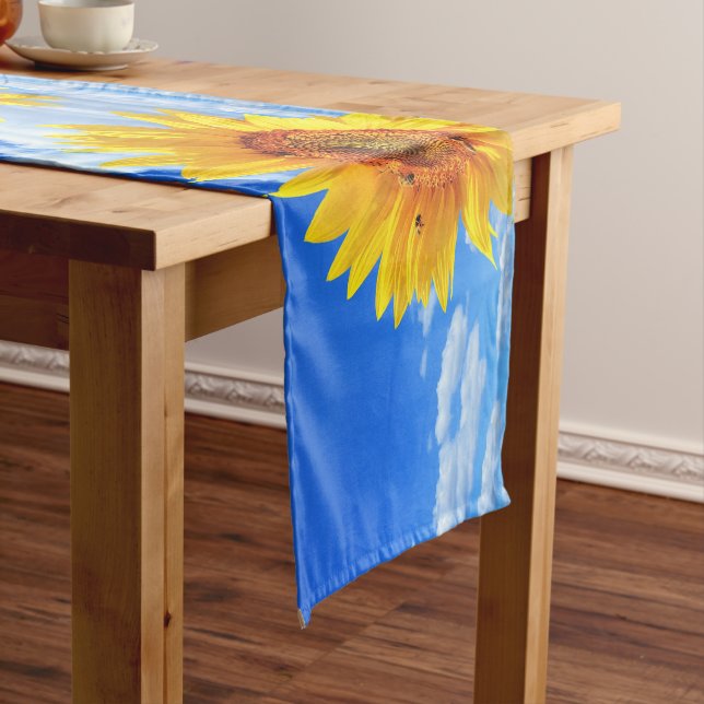 Yellow Sunflower and Bees on Blue Sky - Summer Day Short Table Runner (In Situ)