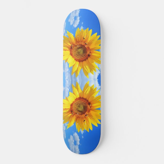 Yellow Sunflower and Bees on Blue Sky - Summer Day Skateboard (Front)