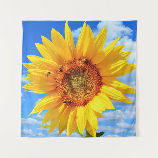 Yellow Sunflower and Bees on Blue Sky - Summer Day Tapestry (Front)