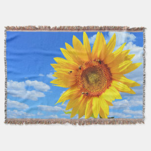 Yellow Sunflower and Bees on Blue Sky - Summer Day Throw Blanket