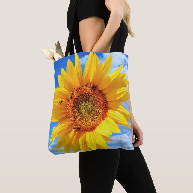 Yellow Sunflower and Bees on Blue Sky - Summer Day Tote Bag (Close Up)