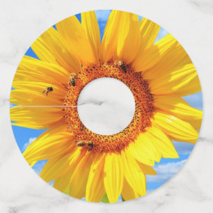 Yellow Sunflower and Bees on Blue Sky - Summer Day Wine Glass Tag