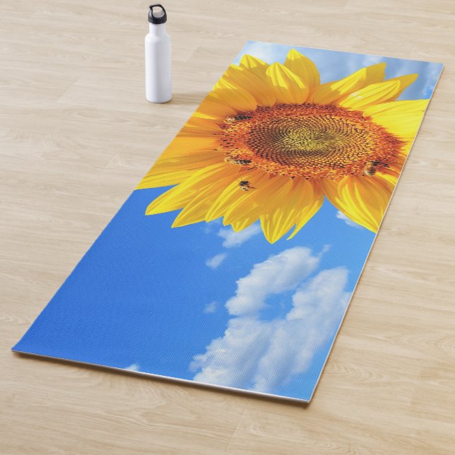 Yellow Sunflower and Bees on Blue Sky - Summer Day Yoga Mat (In Situ)