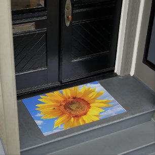 Yellow Sunflower and Bees on Blue Sky - Summer Doormat