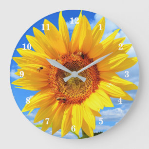 Yellow Sunflower and Bees on Blue Sky - Summer Large Clock