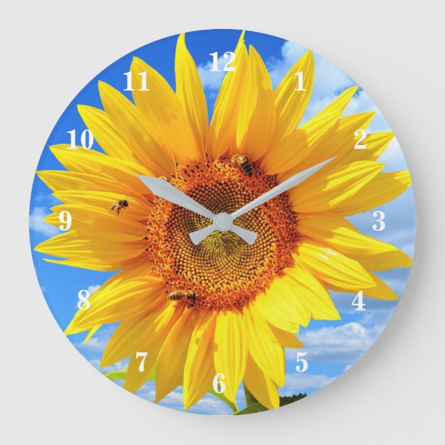 Yellow Sunflower and Bees on Blue Sky - Summer  Large Clock (Front)