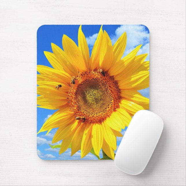 Yellow Sunflower and Bees on Blue Sky - Summer Mouse Mat (With Mouse)