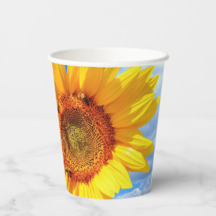 Yellow Sunflower and Bees on Blue Sky - Summer Paper Cups