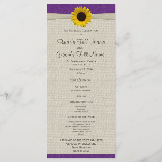 Yellow Sunflower and Burlap Purple Wedding Program Programme (Front)