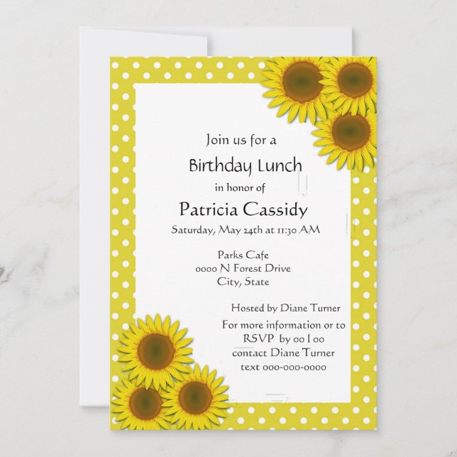 Yellow Sunflower and Polka Dots Brithday Lunch  Invitation (Front)