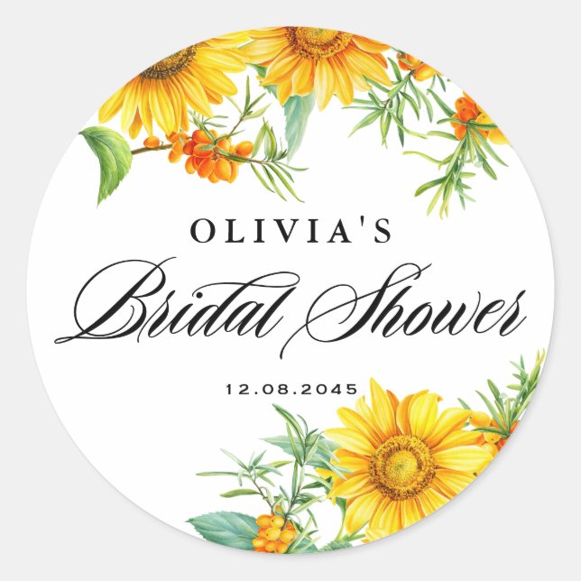 Yellow Sunflower and Seabuckthorn Bridal Shower Classic Round Sticker (Front)