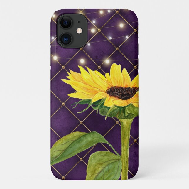 Yellow Sunflower and String Lights on Purple Case-Mate iPhone Case (Back)