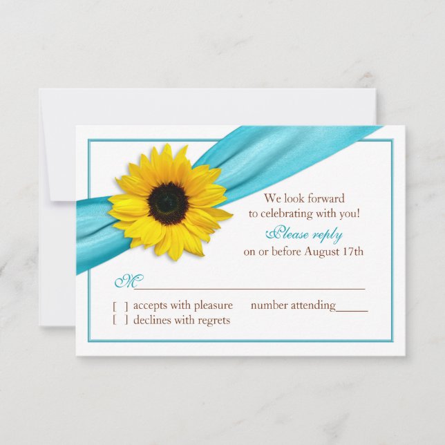 Yellow Sunflower Aqua Blue Ribbon Wedding RSVP (Front)