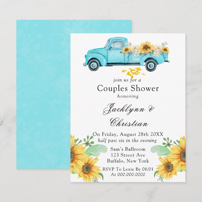 Yellow Sunflower Aqua Vintage Truck Couples Shower Invitation (Front/Back)