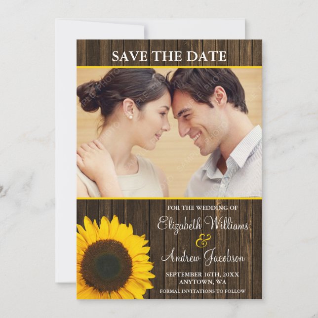 Yellow Sunflower Barn Wood Photo Save the Date (Front)