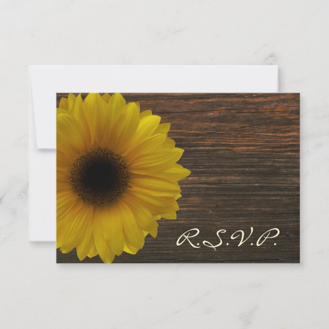Yellow Sunflower & Barnwood Fall Wedding RSVP Card (Front)