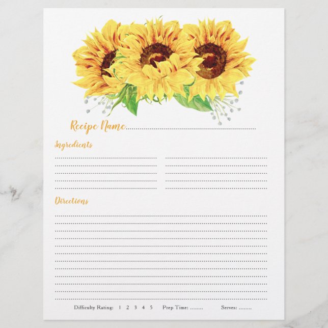 Yellow Sunflower Binder Recipe Inserts (Front)
