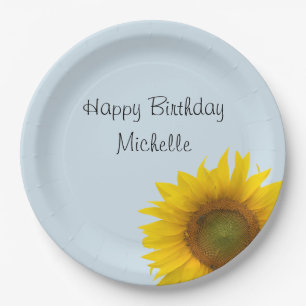 Yellow Sunflower Birthday Blue Country Floral Paper Plate