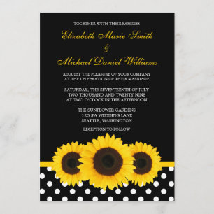 Yellow Sunflower Black and White Polka Dot Wedding Invitation