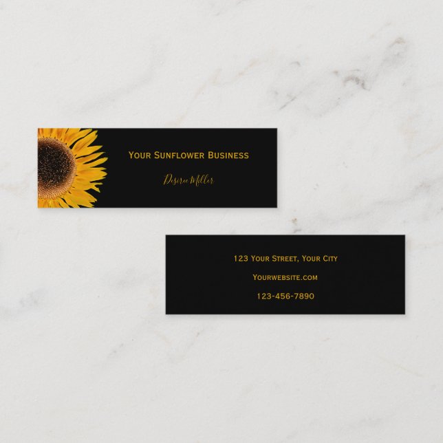 Yellow Sunflower Black Background Country Rustic Mini Business Card (Front/Back)