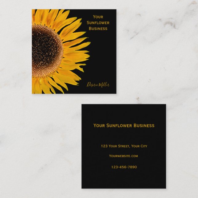 Yellow Sunflower Black Background Country Rustic Square Business Card (Front/Back)