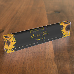 Yellow Sunflower Black Background Rustic Country Nameplate