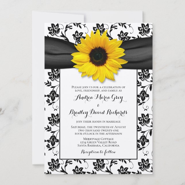 Yellow Sunflower Black Damask Floral Wedding Invitation (Front)
