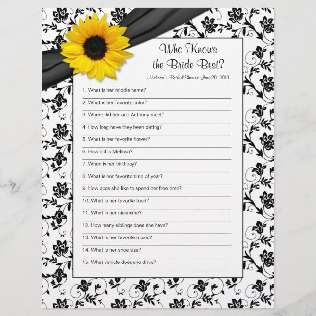 Yellow Sunflower Black Floral Bridal Shower Game (Front)