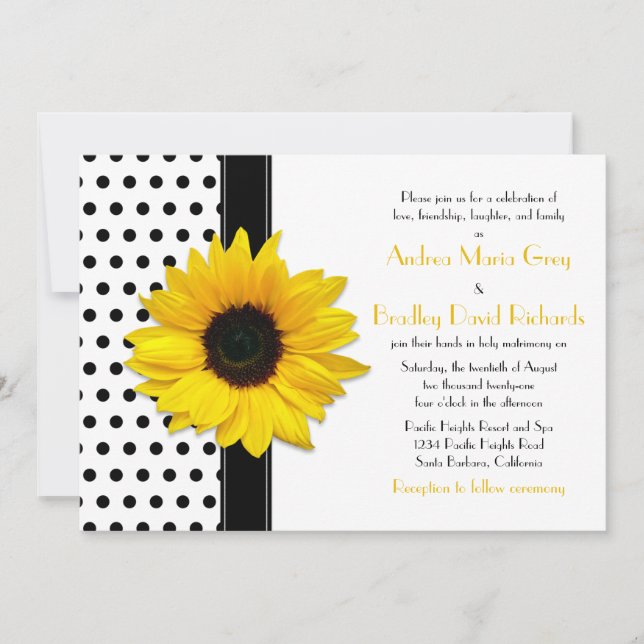 Yellow Sunflower Black White Polka Dot Wedding Invitation (Front)