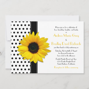 Yellow Sunflower Black White Polka Dot Wedding Invitation